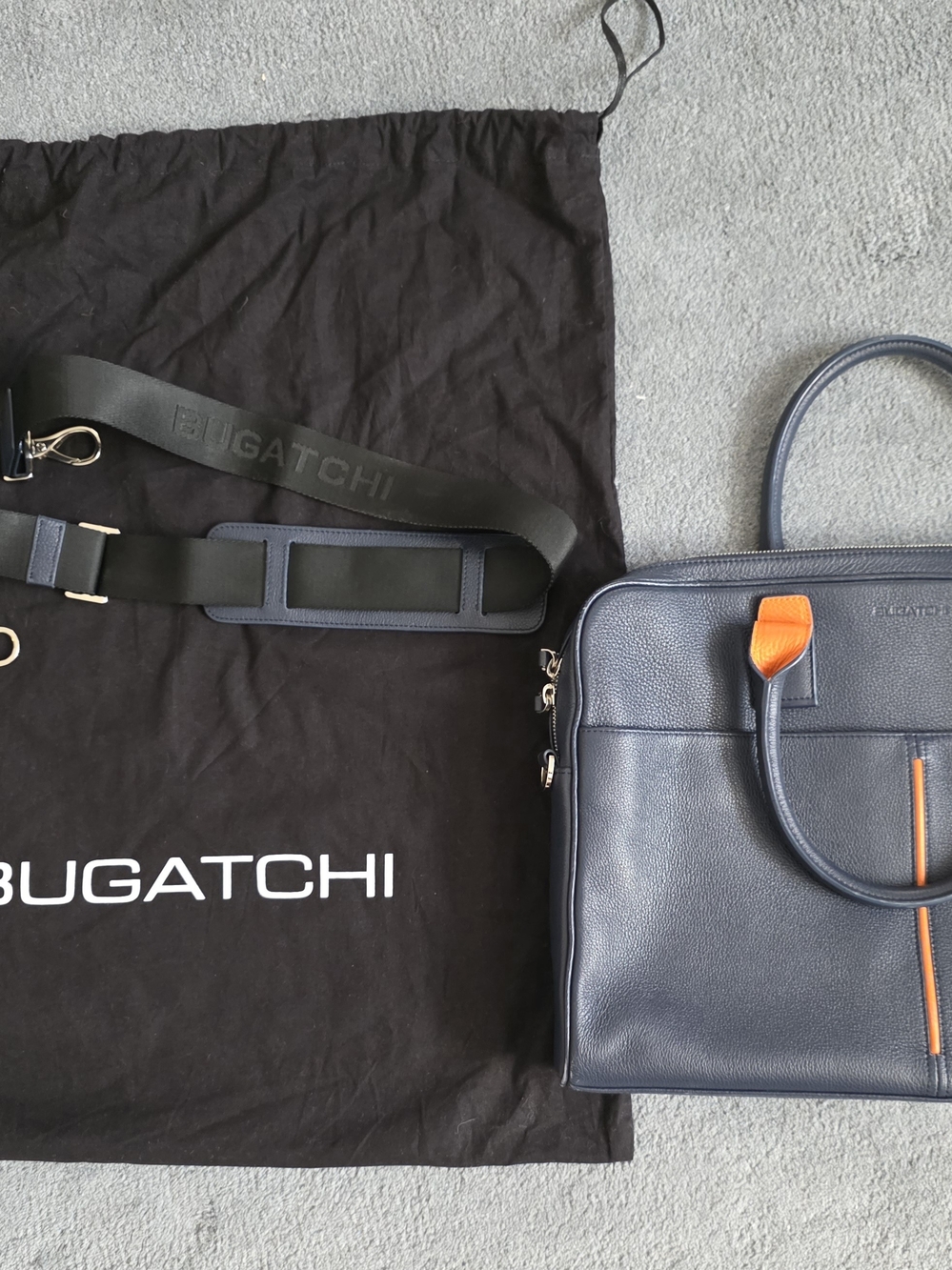 Bugatchi Navy Leather Laptop Bag w/Orange Accents